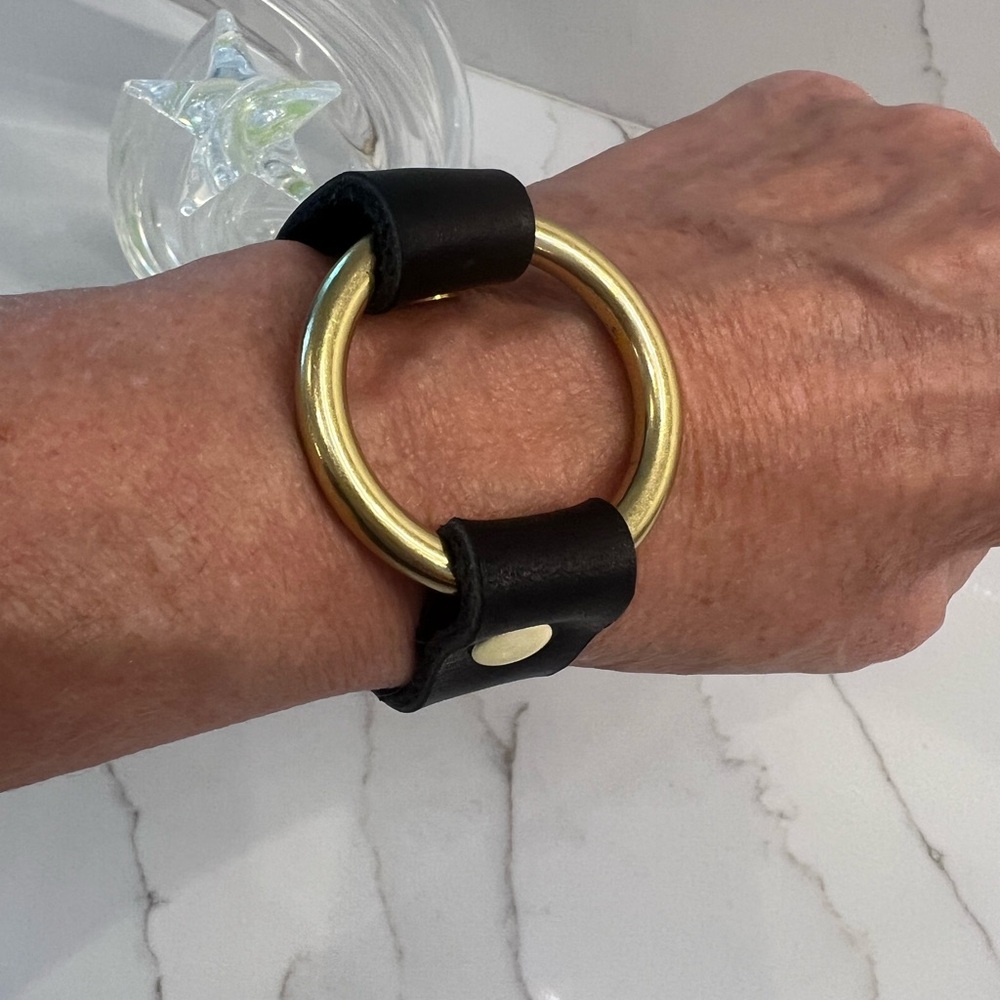 Black Leather Bracelet with Gold Ring Accent